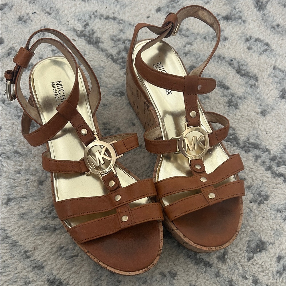 Michael Kors Tan Leather Wedge Sandals